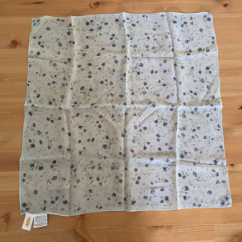 VTG Talbots Light Blue Purple Ditsy Floral 100% Silk Square Scarf Semi-sheer